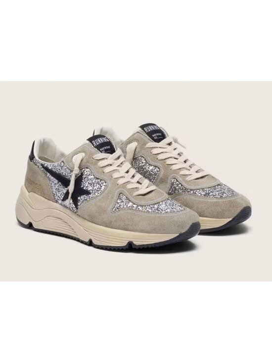 Golden Goose Shoes - Golden Goose Running Sole Sneaker in Silver Glitter and Dove Gray Suede 39